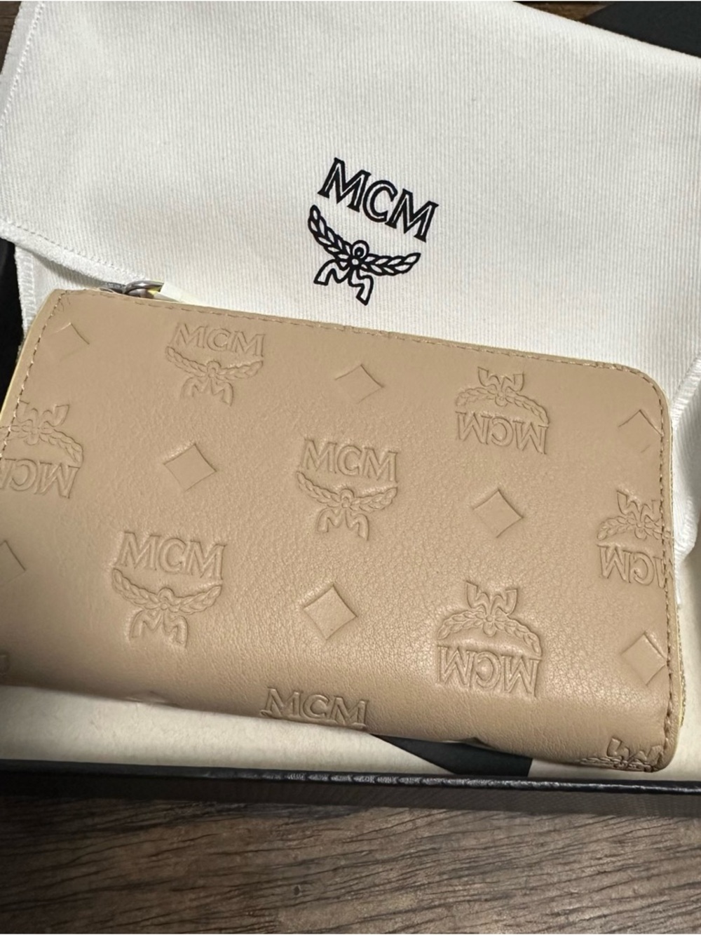 Mcm Klara Monogram Leather Zip Around Wallet Women's Beige Retail